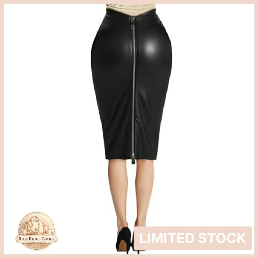 Faux Leather Pencil Skirt High Waist Midi Chic Elegant Work Wear